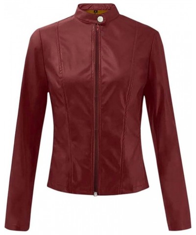 Leather Jacket for Women Slim fit Cropped Biker Coats Long Sleeve Zip up Motorcycle Jacket Wine $8.95 Coats