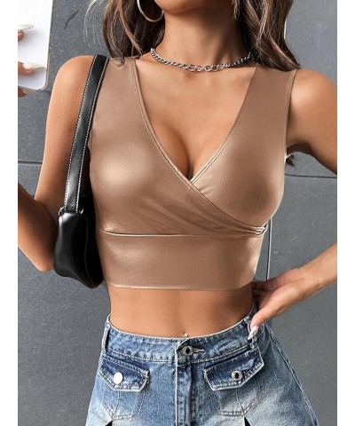 Women's PU Leather V Neck Solid Sleeveless Camisole Crop Tank Top Champagne $15.92 Tanks