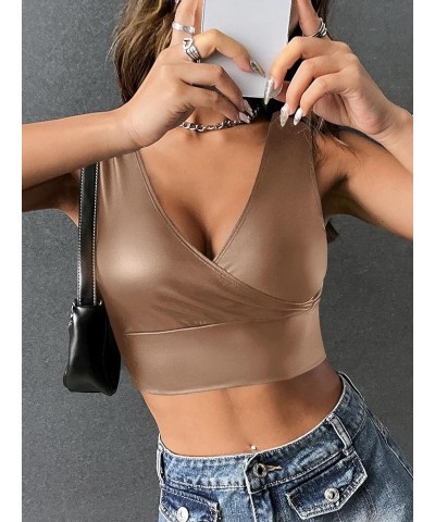 Women's PU Leather V Neck Solid Sleeveless Camisole Crop Tank Top Champagne $15.92 Tanks