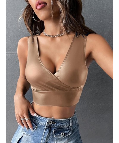 Women's PU Leather V Neck Solid Sleeveless Camisole Crop Tank Top Champagne $15.92 Tanks