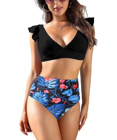 Swimsuit Women High Waisted Bikini Yellow Ruffle Tropical Tummy Control Bathing Suits Black a $11.87 Swimsuits