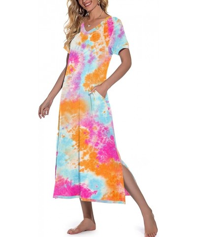 Womens Long Nightgown Short Sleeve Nightshirt V-Neck Soft Loungewear Casual Sleepwear with Pockets B03 Colorful Orange $14.28...