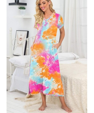 Womens Long Nightgown Short Sleeve Nightshirt V-Neck Soft Loungewear Casual Sleepwear with Pockets B03 Colorful Orange $14.28...