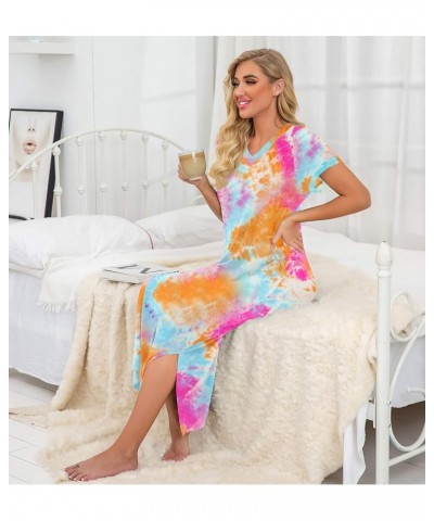 Womens Long Nightgown Short Sleeve Nightshirt V-Neck Soft Loungewear Casual Sleepwear with Pockets B03 Colorful Orange $14.28...