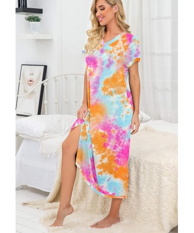 Womens Long Nightgown Short Sleeve Nightshirt V-Neck Soft Loungewear Casual Sleepwear with Pockets B03 Colorful Orange $14.28...