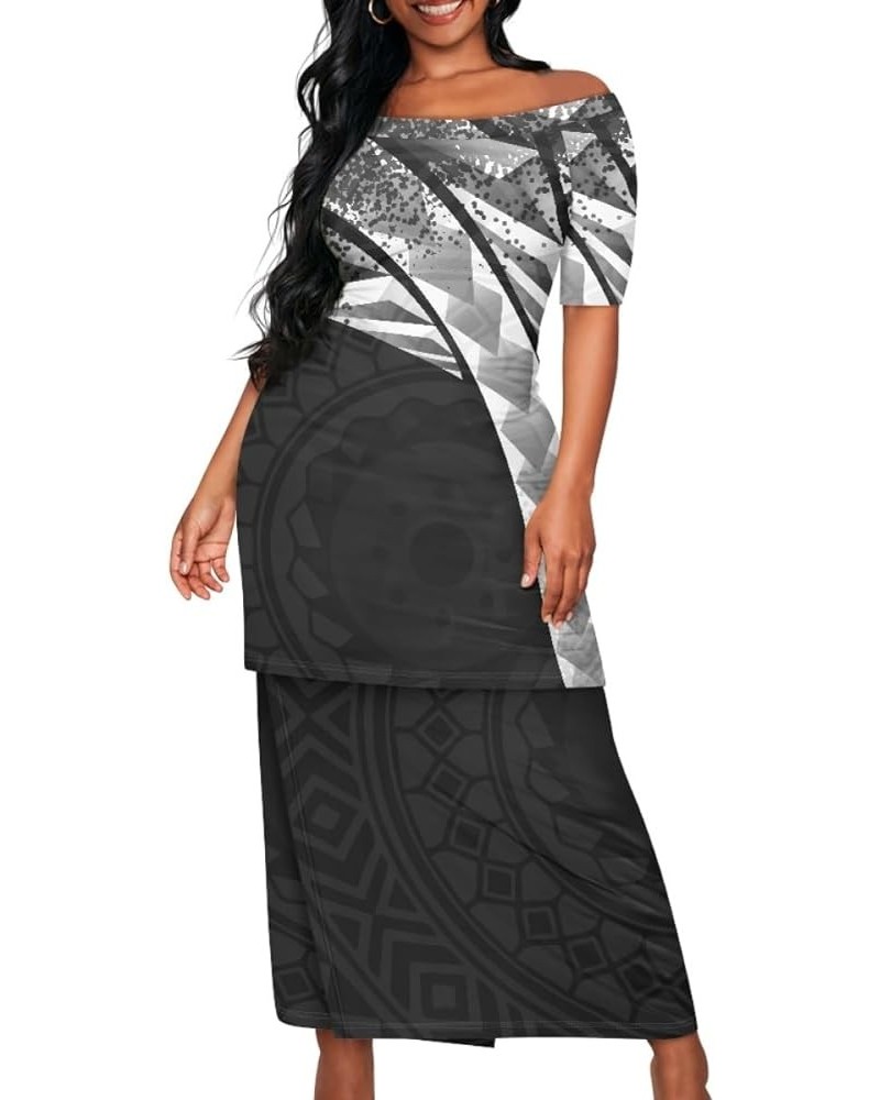 Women Polynesian Tribal Samoan Puletasi Tatau Print Off Shoulder Long Dress 2Pcs Set Top Skirts Outfits Grey Triangle $23.39 ...