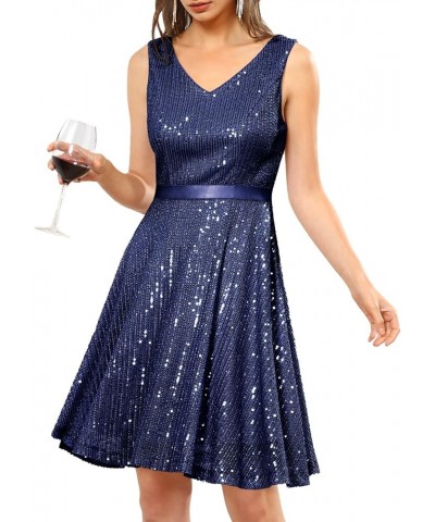 Cocktail Party Dress, Women's Sequin Sparkly Wedding Guest Dress, Glitter Sexy Prom Short Dress for Teen Navy $17.20 Dresses