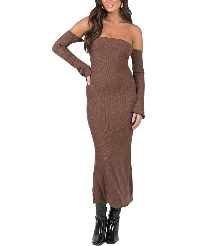 Women Long Sleeve Knit Midi Dress Hollow Out Backless Long Dress Summer Slim Fit Beach Maxi Dress Fashion Streetwear E- Brown...