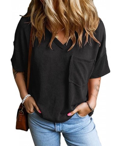 Womens Short Sleeve Ribbed Tops Causal V Neck Oversized T Shirts Summer Loose Fit Tee Tops Black Corded Shirt $12.87 T-Shirts