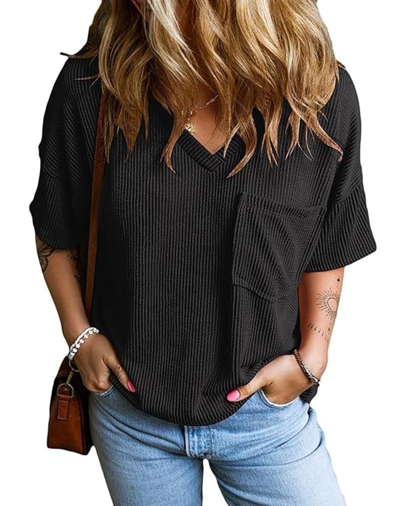 Womens Short Sleeve Ribbed Tops Causal V Neck Oversized T Shirts Summer Loose Fit Tee Tops Black Corded Shirt $12.87 T-Shirts