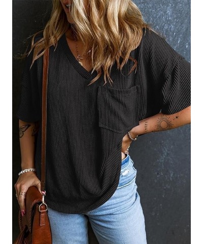 Womens Short Sleeve Ribbed Tops Causal V Neck Oversized T Shirts Summer Loose Fit Tee Tops Black Corded Shirt $12.87 T-Shirts