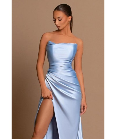 Strapless Mermaid Prom Dress Pleated Satin Ball Gowns Long with Slit Bridesmaid Dress for Women Baby Blue $31.79 Dresses