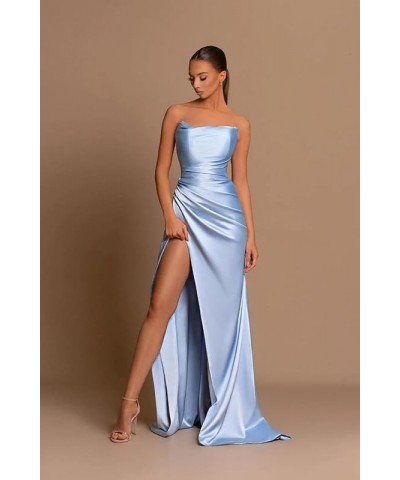 Strapless Mermaid Prom Dress Pleated Satin Ball Gowns Long with Slit Bridesmaid Dress for Women Baby Blue $31.79 Dresses