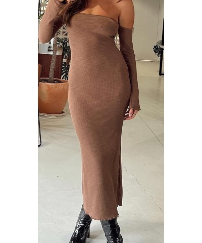 Women Long Sleeve Knit Midi Dress Hollow Out Backless Long Dress Summer Slim Fit Beach Maxi Dress Fashion Streetwear E- Brown...