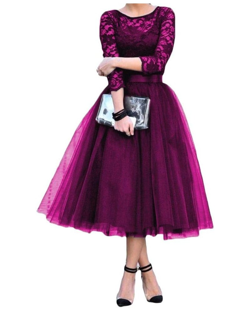 Women's A-Line Tea Length Sleeve Lace Prom Dress Cocktail Party Dress Fuchsia $49.39 Dresses