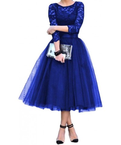 Women's A-Line Tea Length Sleeve Lace Prom Dress Cocktail Party Dress Fuchsia $49.39 Dresses