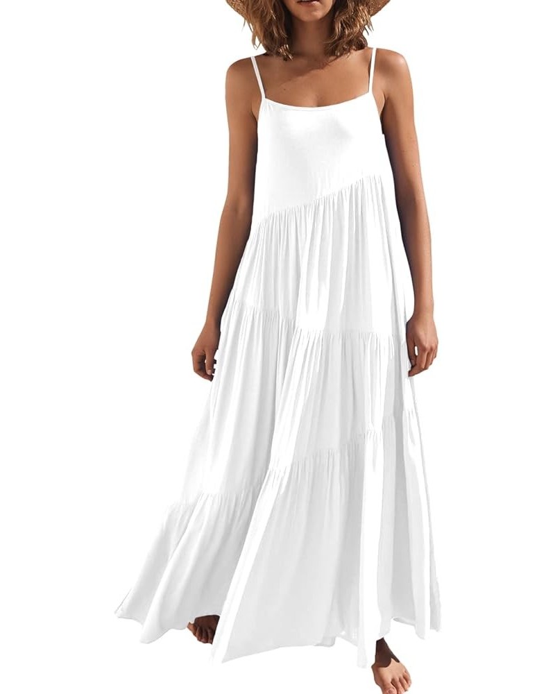 Women's Summer Dress Casual Loose Sleeveless Resort Curise Swing Flowy Tiered Sundress Cover Up Long Maxi Dresses White $25.3...