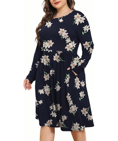 Women's Plus Size Dresses Long Sleeves Crew Neck Casual Dresses Empire Waist Loose Flowy Dress with Pockets Blue Lily $13.75 ...