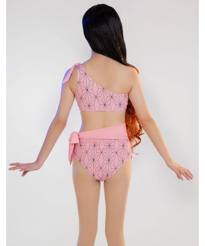 Women Anime One Shoulder Swimsuit with Argyle Prints Bathing Suit Two Piece Outift Bikini Style Swimwear Beach Nezuk-pink $10...