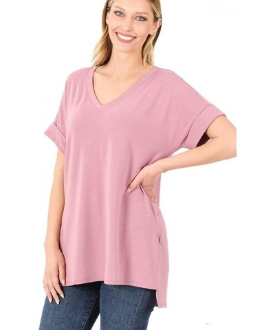 Rolled Short Sleeve Side Slit HI-Low Hem TOP Lt Rose $10.48 Blouses