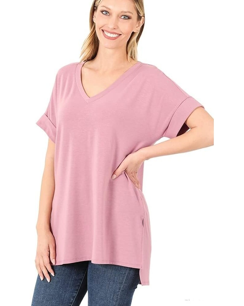 Rolled Short Sleeve Side Slit HI-Low Hem TOP Lt Rose $10.48 Blouses