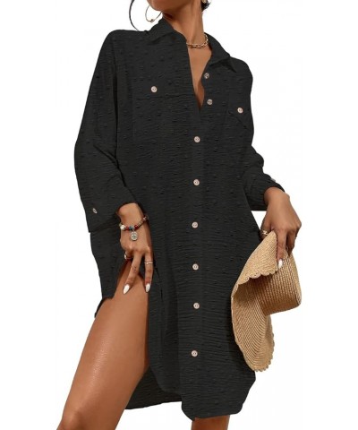 Swimsuit Cover Up for Women Long Sleeve Button Down Beach Shirt Dress Swiss Dot Bathing Suit Cover Up Black $18.71 Swimsuits