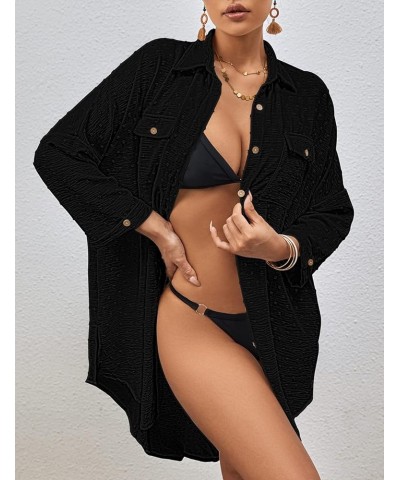 Swimsuit Cover Up for Women Long Sleeve Button Down Beach Shirt Dress Swiss Dot Bathing Suit Cover Up Black $18.71 Swimsuits