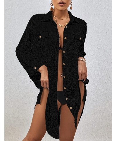 Swimsuit Cover Up for Women Long Sleeve Button Down Beach Shirt Dress Swiss Dot Bathing Suit Cover Up Black $18.71 Swimsuits