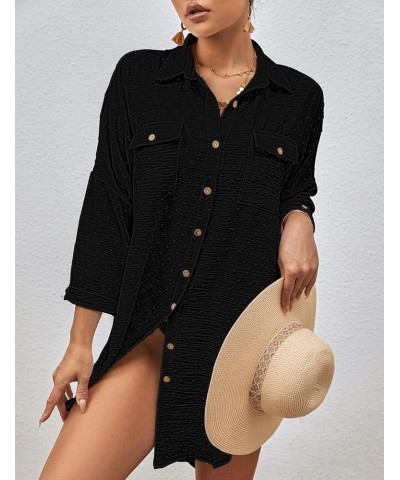 Swimsuit Cover Up for Women Long Sleeve Button Down Beach Shirt Dress Swiss Dot Bathing Suit Cover Up Black $18.71 Swimsuits