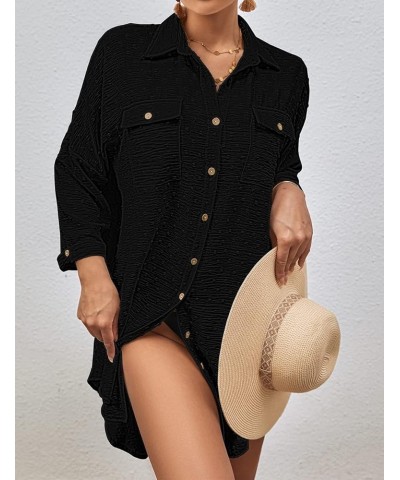 Swimsuit Cover Up for Women Long Sleeve Button Down Beach Shirt Dress Swiss Dot Bathing Suit Cover Up Black $18.71 Swimsuits