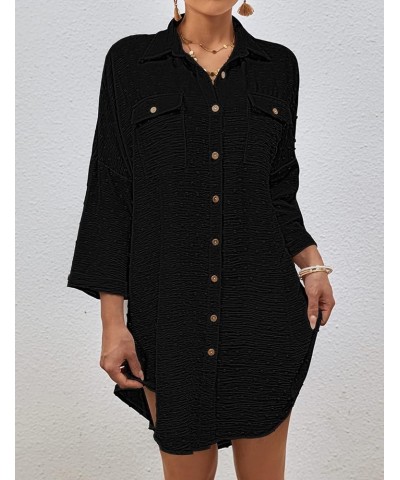 Swimsuit Cover Up for Women Long Sleeve Button Down Beach Shirt Dress Swiss Dot Bathing Suit Cover Up Black $18.71 Swimsuits