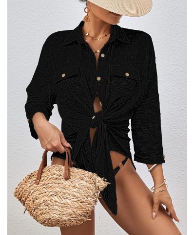 Swimsuit Cover Up for Women Long Sleeve Button Down Beach Shirt Dress Swiss Dot Bathing Suit Cover Up Black $18.71 Swimsuits