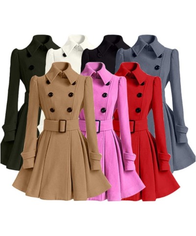 Womens Swing Wool Blend Pea Coat Double Breasted Trench Coat With Belt Grey $22.83 Coats