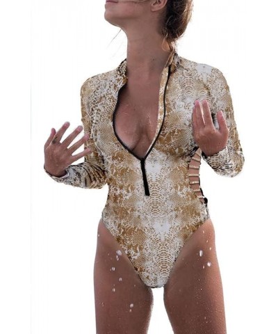 Women's 2023 Fashion Leopard Print Zip Front Long Sleeve One Piece Swimsuit Surfing Rash Guard Brown 2 $9.63 Swimsuits