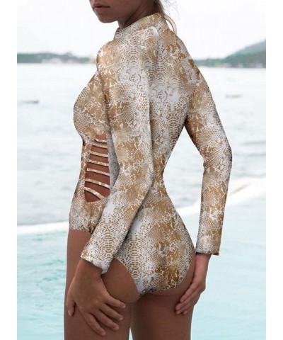 Women's 2023 Fashion Leopard Print Zip Front Long Sleeve One Piece Swimsuit Surfing Rash Guard Brown 2 $9.63 Swimsuits