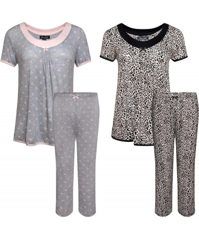 Women's 2 Pack Short Sleeve Top and Capri Pant Pajama Sleep Loungewear Set - Value Pack Grey/Leopard $26.00 Sleep & Lounge