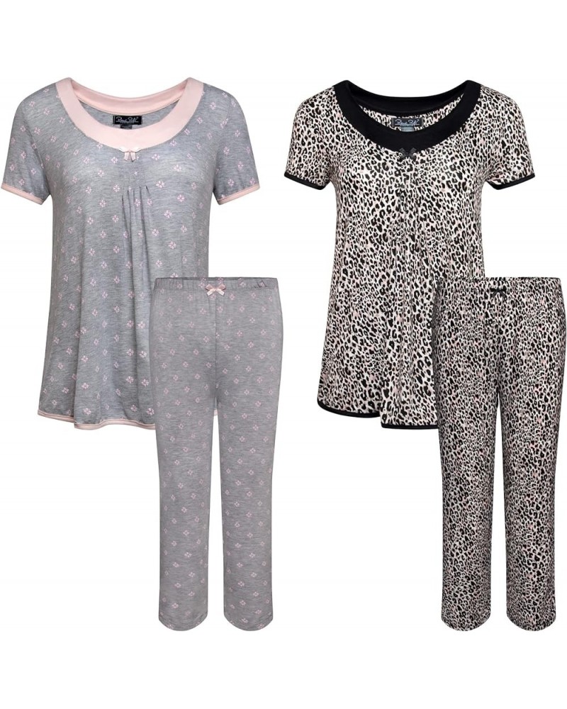 Women's 2 Pack Short Sleeve Top and Capri Pant Pajama Sleep Loungewear Set - Value Pack Grey/Leopard $26.00 Sleep & Lounge