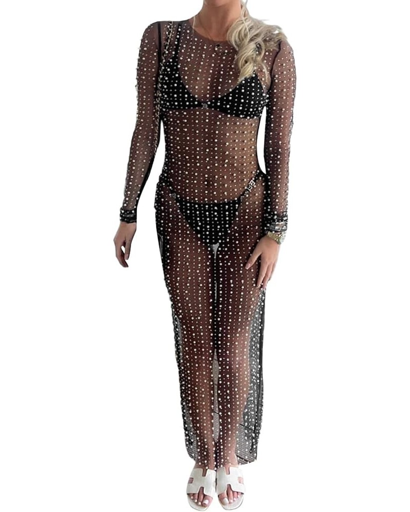 Women's Sexy Y2k See Through Lace Cover Up Skinny Bodycon Dress Summer Sheer Mesh Bikini Coverup Beach Bathing Suit Mesh Blac...