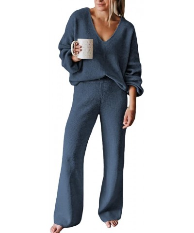 Women 2 Piece Outfits V Neck Sweater Wide Leg Sweatsuit Rib Knit Lounge Sets Leisure Wear A-light Blue $29.40 Activewear