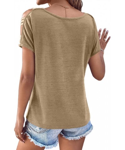 Women's Ladder Cut Out T Shirt Tops Short Sleeve V Neck Tee Top Blouses Apricot $8.09 T-Shirts