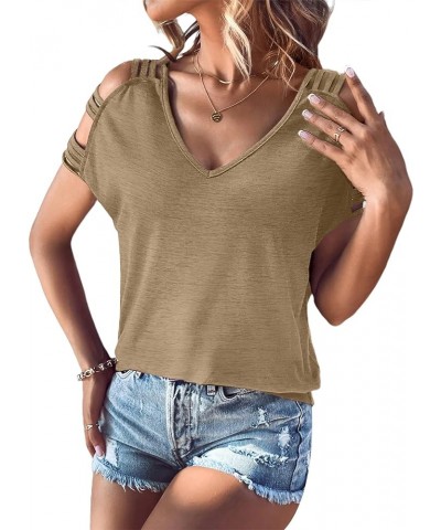 Women's Ladder Cut Out T Shirt Tops Short Sleeve V Neck Tee Top Blouses Apricot $8.09 T-Shirts