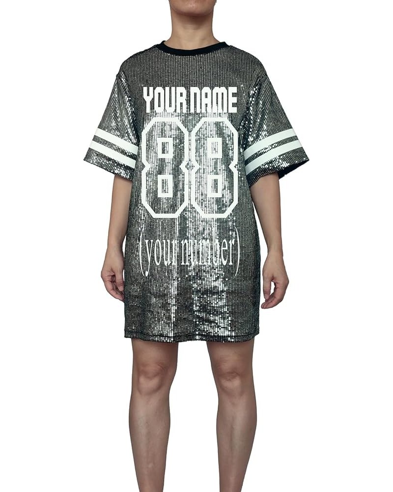 Customized Number Name Sequin Jersey Dress Shirt for Adult Women Birthday Gifts Games Day Silver $12.15 Others