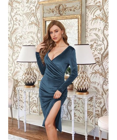 Womens Long Sleeve Split Velvet Bodycon Midi Dresses Wedding Guest Cocktail Party Dress Lightblue $11.00 Dresses