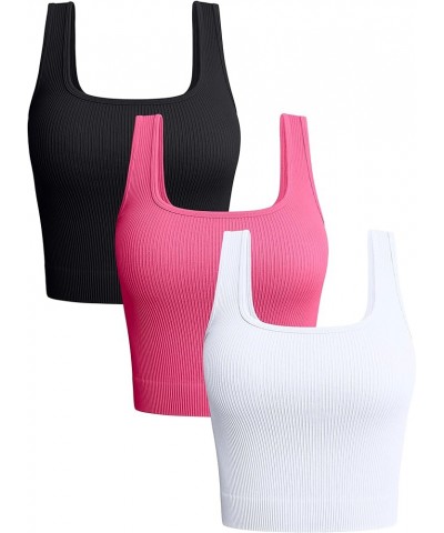 Women's 3 Piece Tank Tops Ribbed Seamless Workout Exercise Shirts Yoga Crop Tops Black Coral White $14.00 Activewear