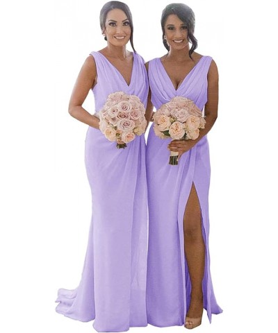 Women's V Neck Bridesmaid Dresses for Wedding Wrap Chiffon Long Formal Dresses with Slit Lilac $33.79 Dresses