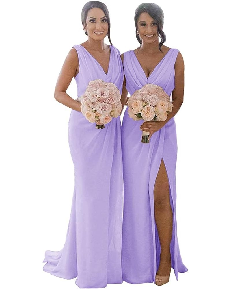 Women's V Neck Bridesmaid Dresses for Wedding Wrap Chiffon Long Formal Dresses with Slit Lilac $33.79 Dresses