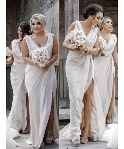 Women's V Neck Bridesmaid Dresses for Wedding Wrap Chiffon Long Formal Dresses with Slit Lilac $33.79 Dresses