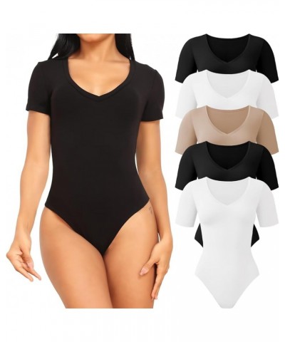 5 Pack Bodysuits for Women Short Sleeve Deep V Neck Tops T-shirt Bodysuit Casual Outfits 5 Pack Black, Black, White, White, N...