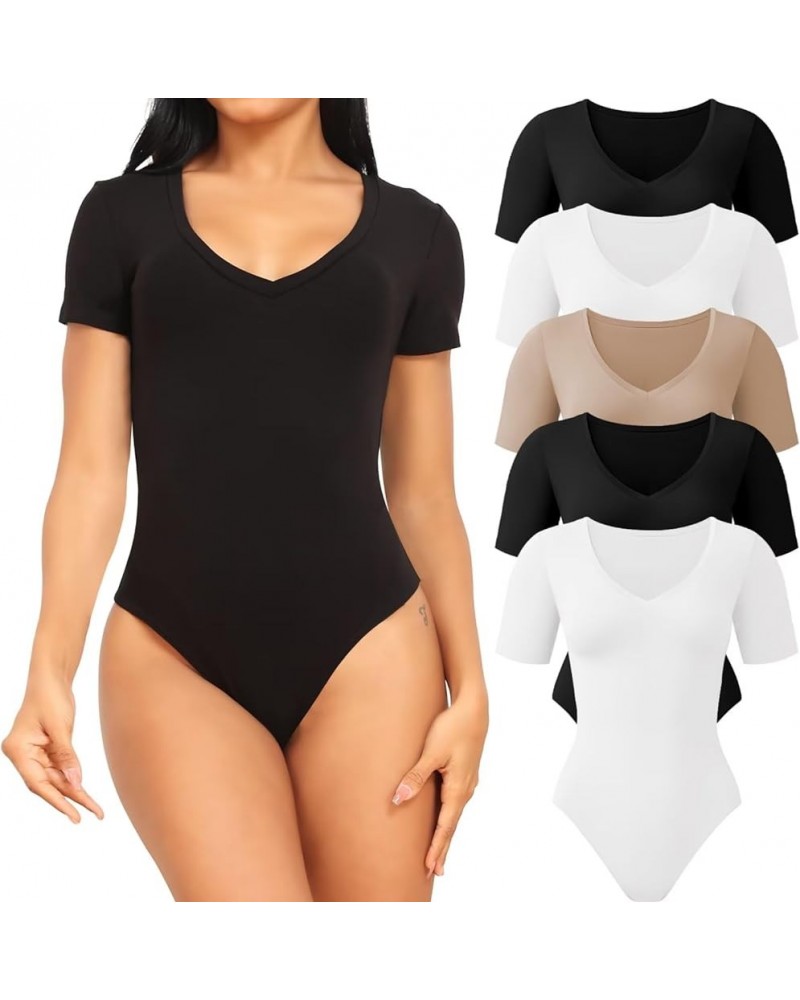 5 Pack Bodysuits for Women Short Sleeve Deep V Neck Tops T-shirt Bodysuit Casual Outfits 5 Pack Black, Black, White, White, N...