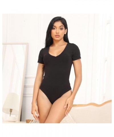 5 Pack Bodysuits for Women Short Sleeve Deep V Neck Tops T-shirt Bodysuit Casual Outfits 5 Pack Black, Black, White, White, N...